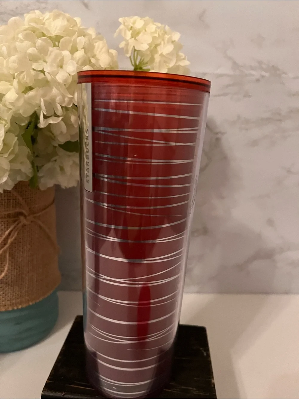 Starbucks 2013 TallRed Clear Silver Stripes 16oz. Travel Tumbler for Hot & Cold